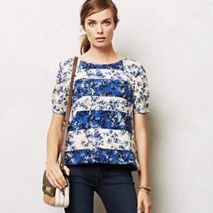 Anthropologie Postmark Floral Blouse Textured Fabric. Cream & Blue Floral Print.